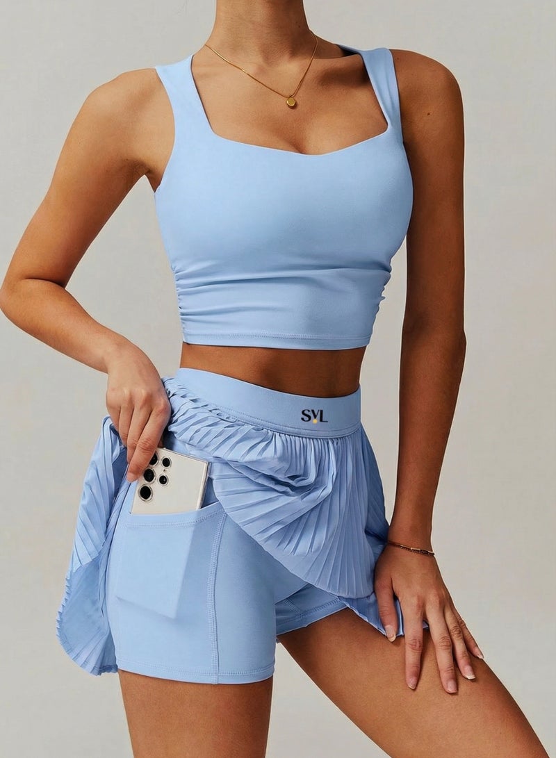 SVL High-Waist Padel & Tennis Skirt with Built-in Shorts and Pocket - Light Blue - SVL - Image 2